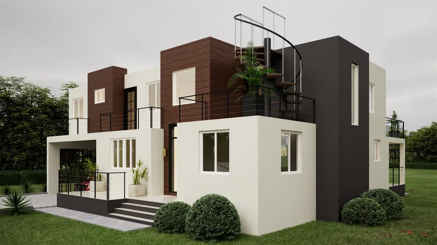 Photorealistic perspective render of a modern two-storey residence with dark timber cladding and a spiral staircase to the upper terrace.